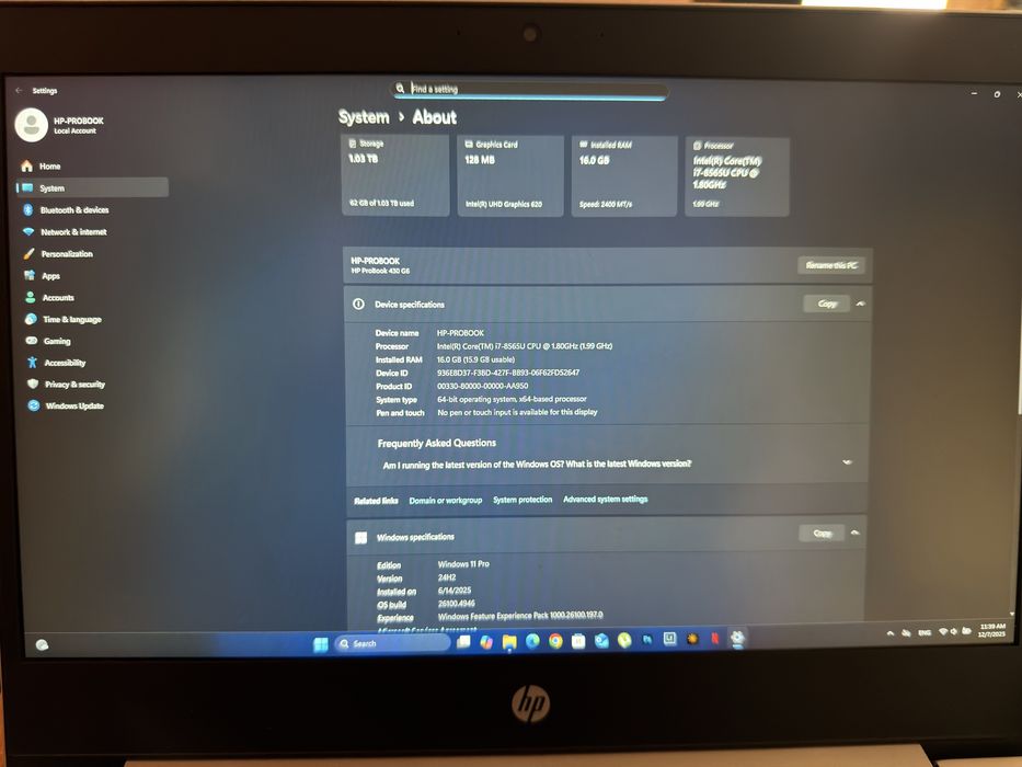 Hp-Probook Intel(R) Core(TM) i7-8565U CPU 1.80GHz (1.99 GHz)