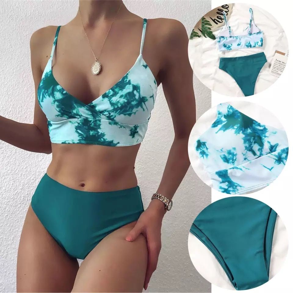 Costum de baie C94 Talie Inalta brazilian Push Up albastru verde