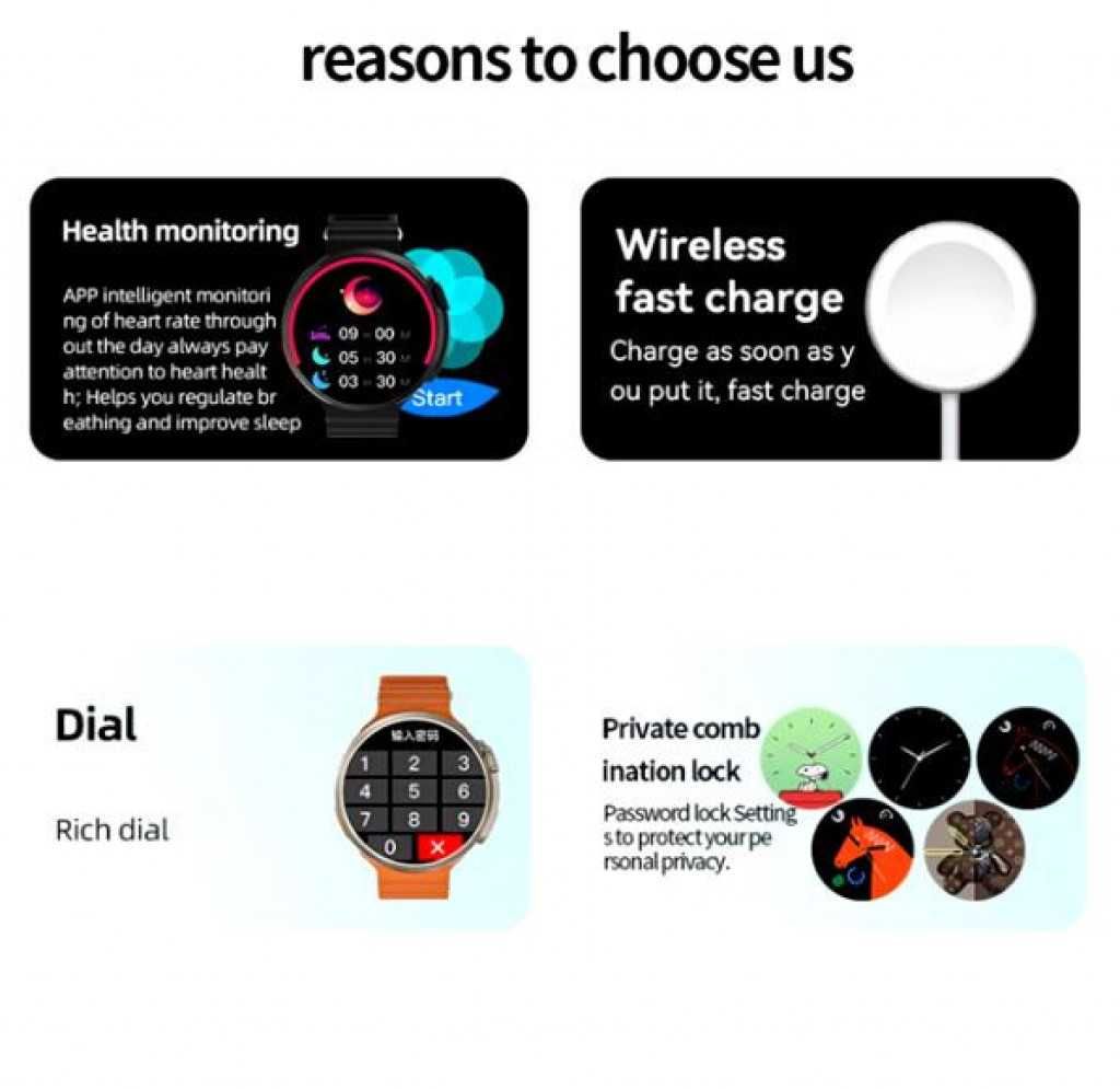 Ultra 9 Смарт Часовник 2024 - Безжично Зареждане, Bluetooth