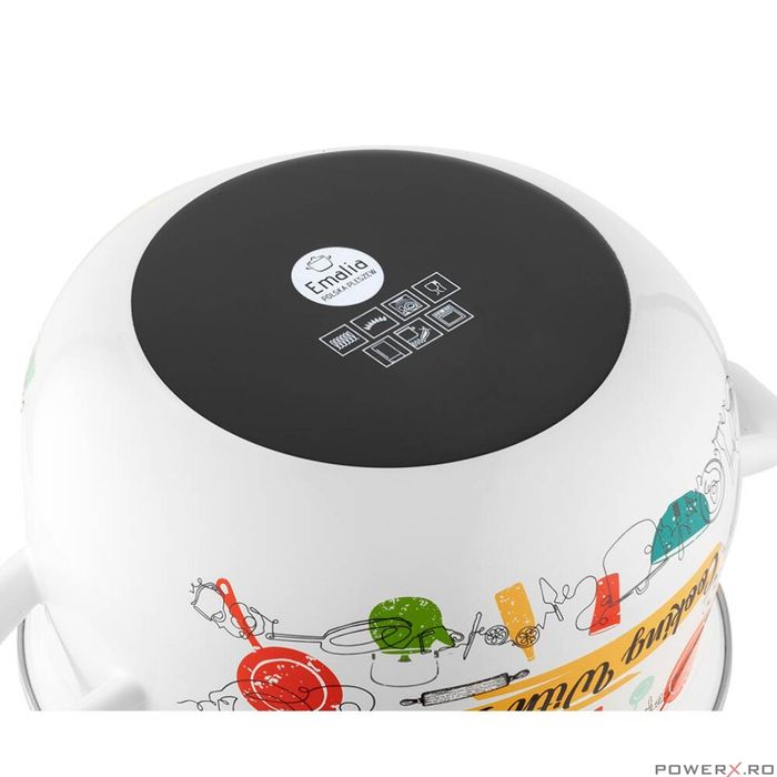 Oala cu capac din sticla, otel carbon, emailata, alba, 22cm, 5.3l,