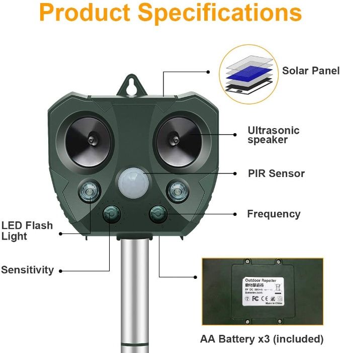 Звуков репелент за котки, отблъскващо устройство със соларна батерия