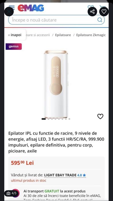 Epilator IPL ZKMagic cu funcție de răcire, 9 trepte, 3 funcții – Nou