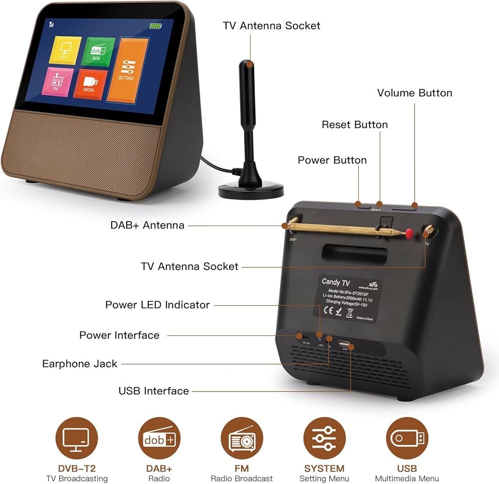 Портативен Мини преносим с батерия телевизор, 7 инча, DVB-T2 DAB+ FM