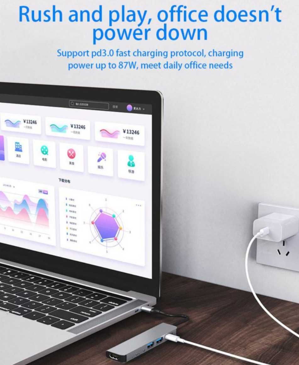 Hub USB Type-C 8 in 1 HDMi+USB3.0*2+2*USB-C+PD+SD/TF+LAN