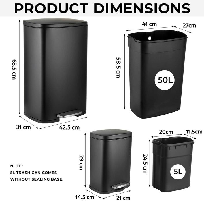 Кош за боклук с безшумен капак 5 l+50l черен цвят