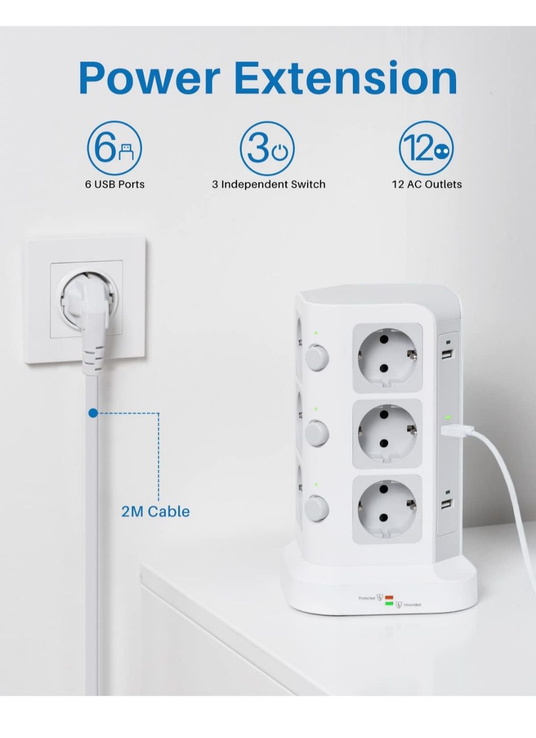 Електрически разклонител с 6 USB порта и 12 гнезда, разклонител с и 3