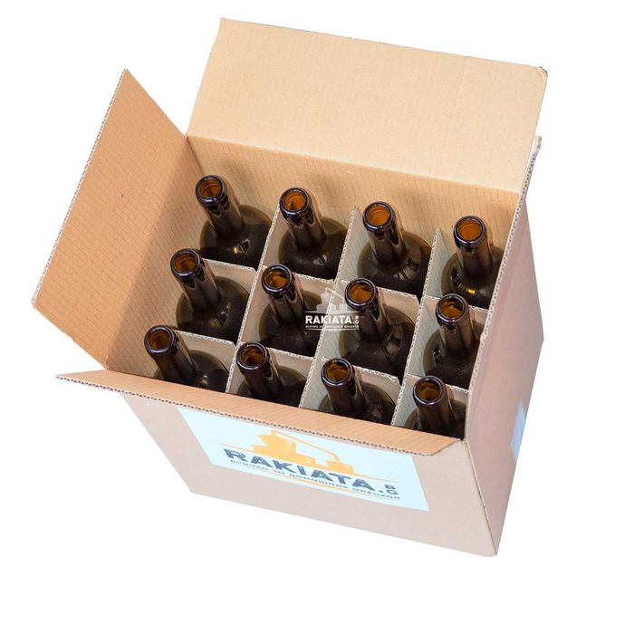 Стъклени бутилки 750 мл. тъмни за вино и ракия, 12 броя + кашон + тапи