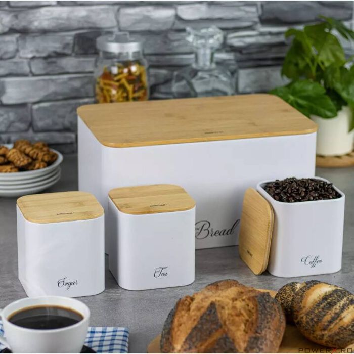 Set cutie paine si 3 recipiente pentru bucatarie, oțel-bambus, alb,