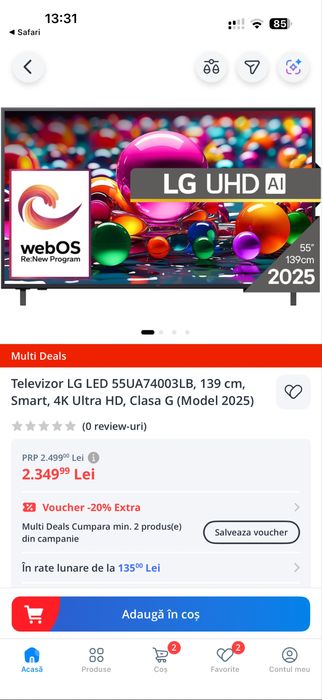 Smart Tv Lg 4K 139 cm sigilat garantie 2 ani Altex