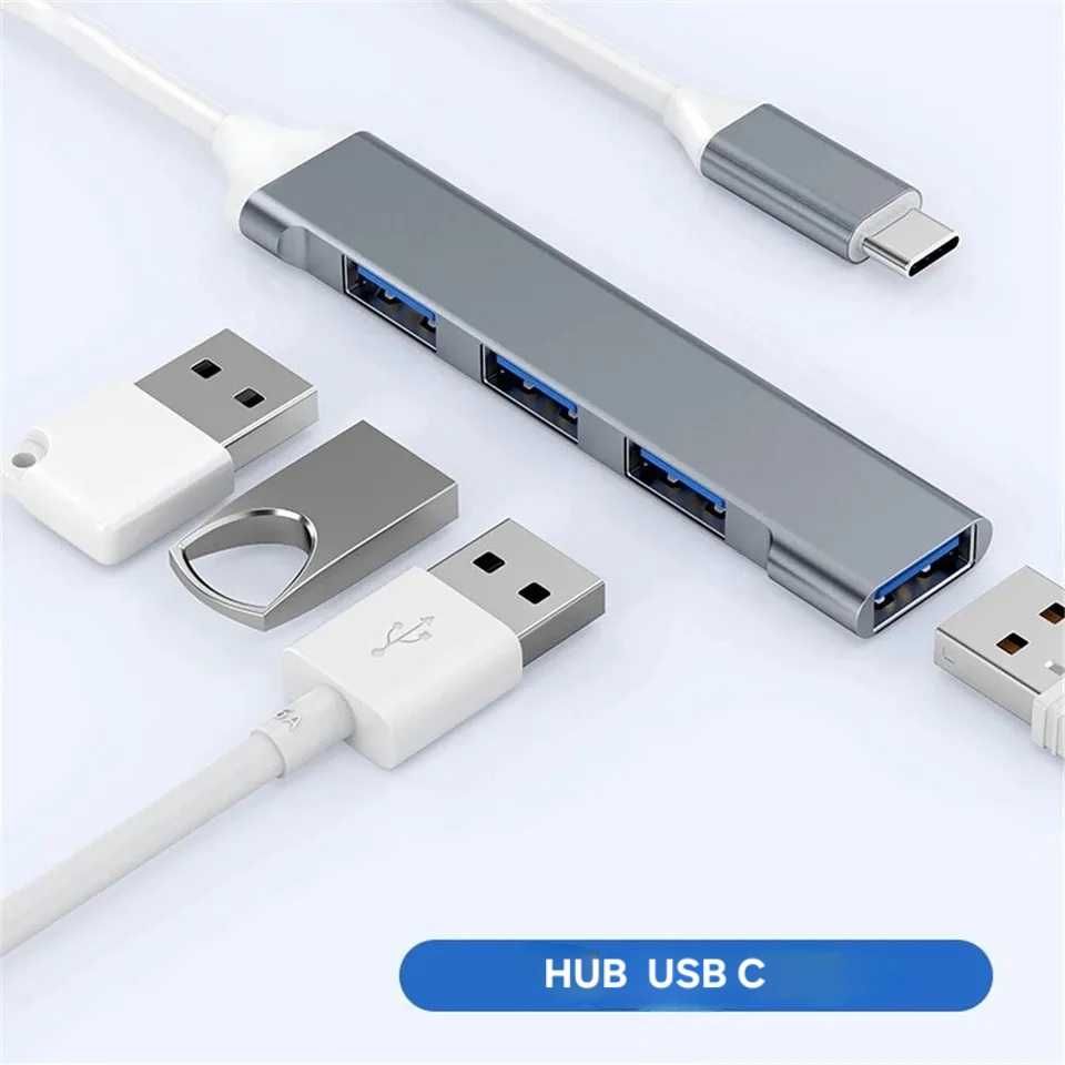 Hub USB pentru laptop. Alimentare USB C. 3+1 porturi, din aluminiu