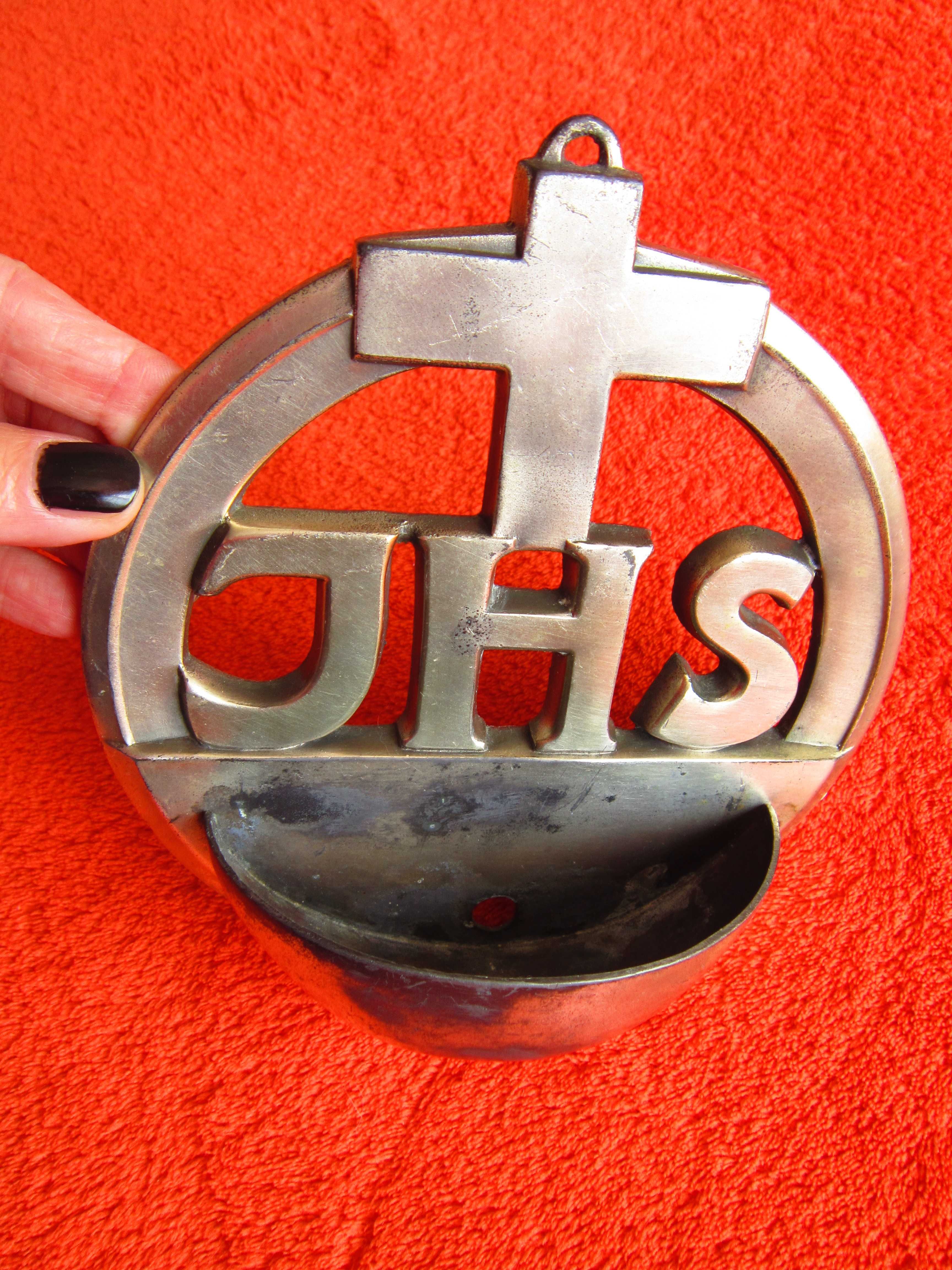 decoratiune Holy Water JHS pt apa sfintita,cu argint colectie Italy'70