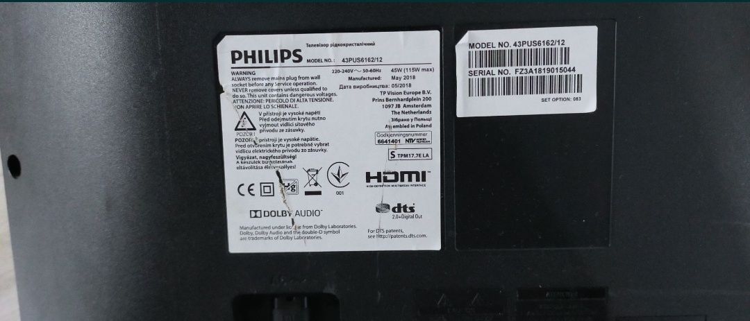 smart de 108 cm, model 43PUS6162