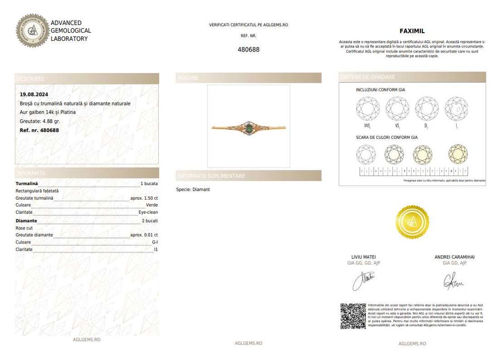 Broșă din aur și platină, decorată cu turmalină și diamante