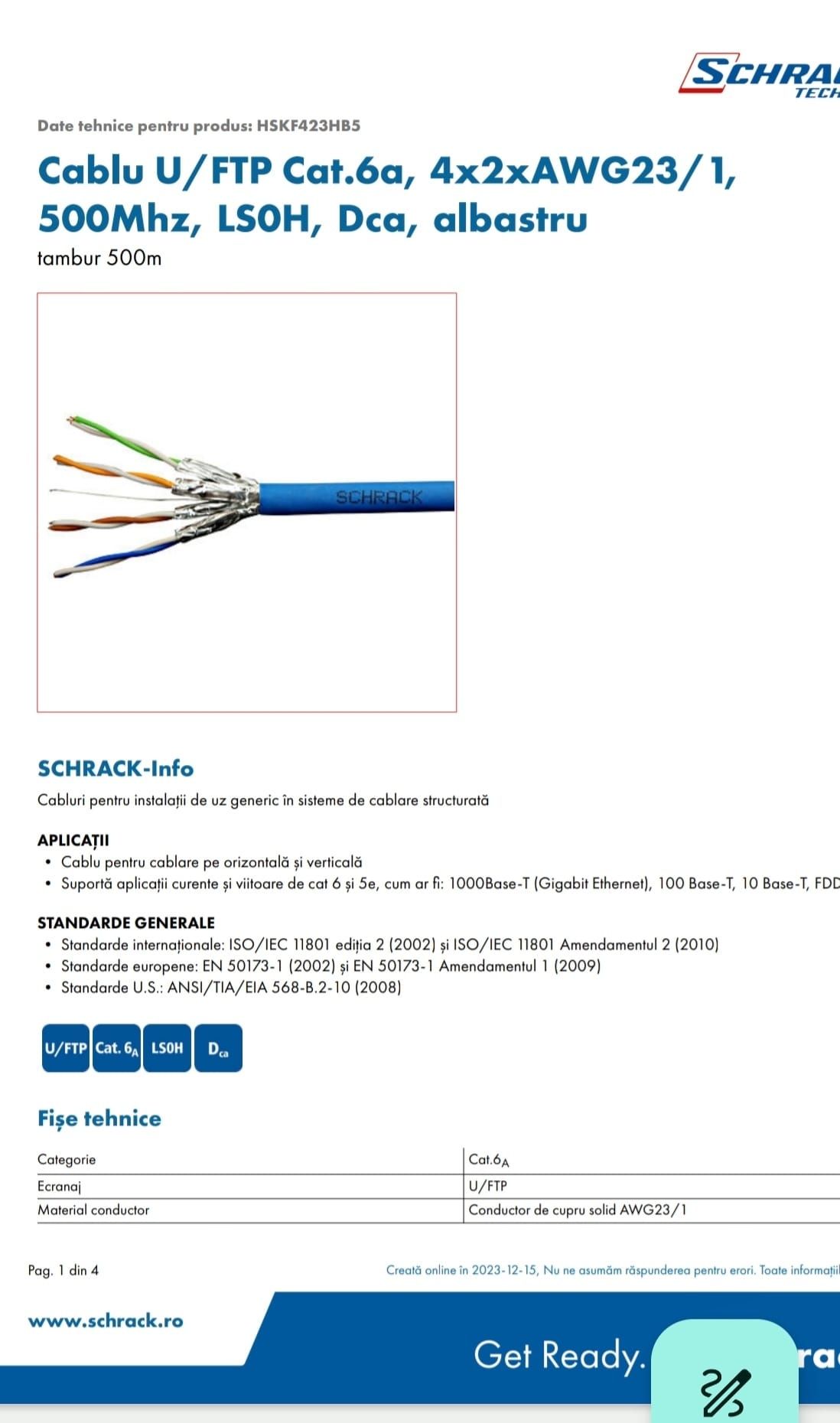 Cablu U/FTP Cat.6a, 4x2xAWG23/1, 500Mhz, LS0H, Dca, albastru