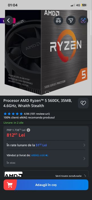 Procesor AMD Ryzen™ 5 5600X, 35MB, 4.6GHz, Wraith Stealth