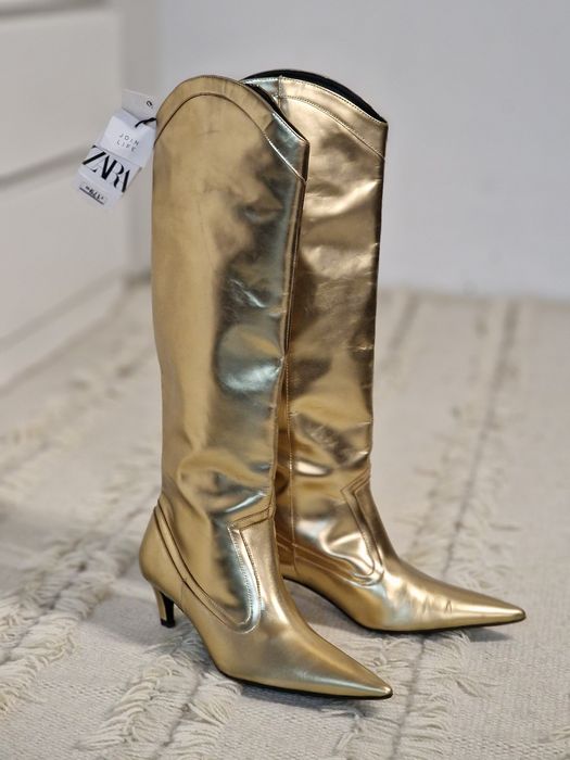 Cizme Zara aurii din piele naturală (mărimea 39/40)