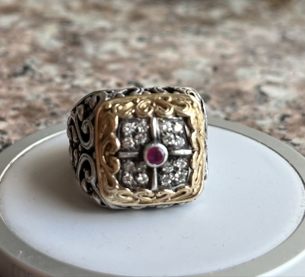 Inel ghiul Gerochristo 16 diamante 1 rubin aur 18K argint