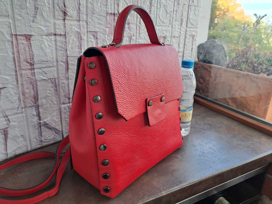 дамска раница,чанта червена,кожена-естествена кожа