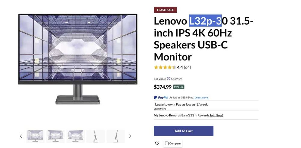 Lenovo Монитор 32" дюйма 4k 3840x2160