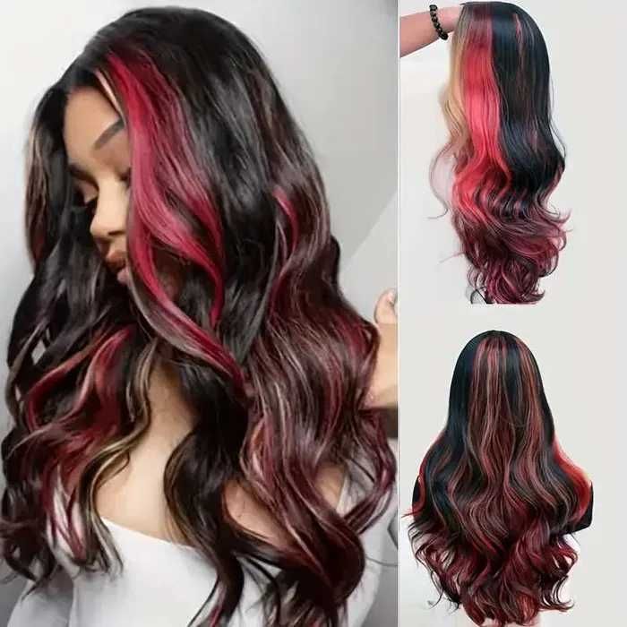 Вълнообразна перука с кичури микс от цветове русо червено черно на път