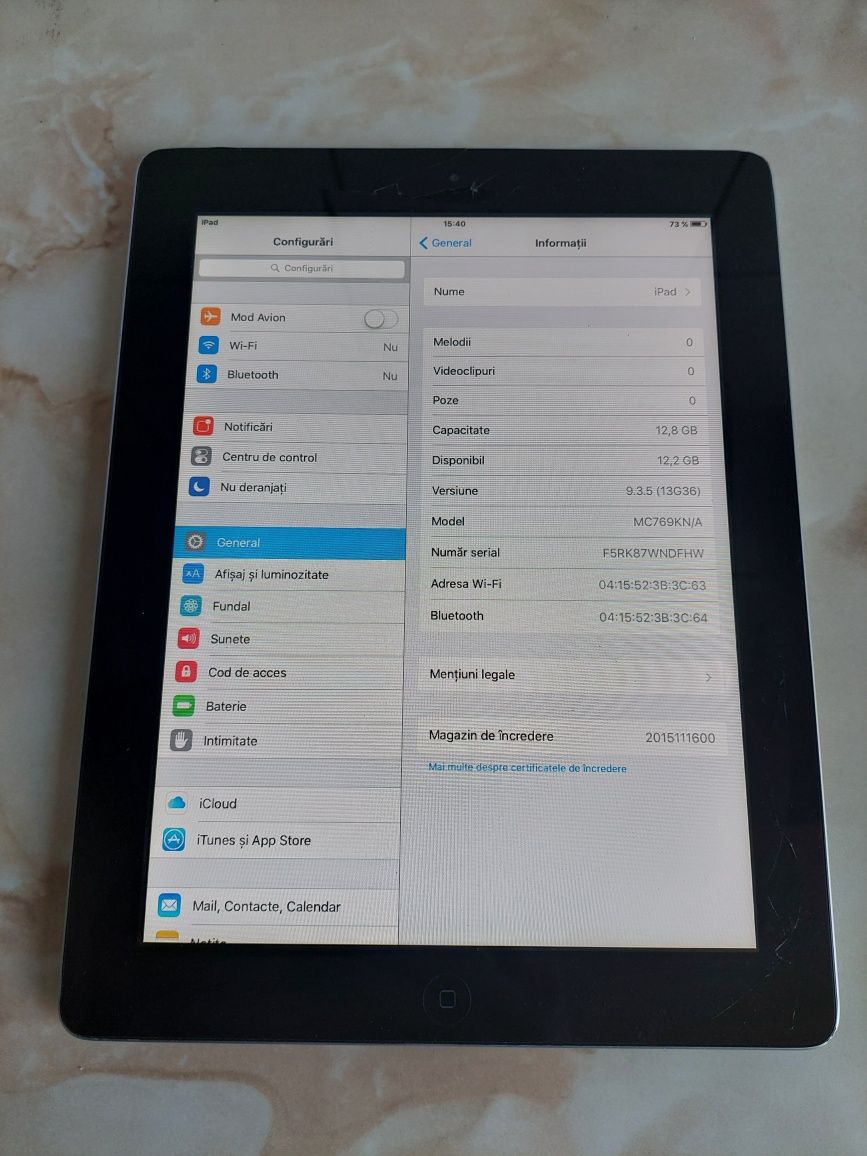 Vând tabletă iPad 2 original Apple, fără iC loud, sticla spartă //poze