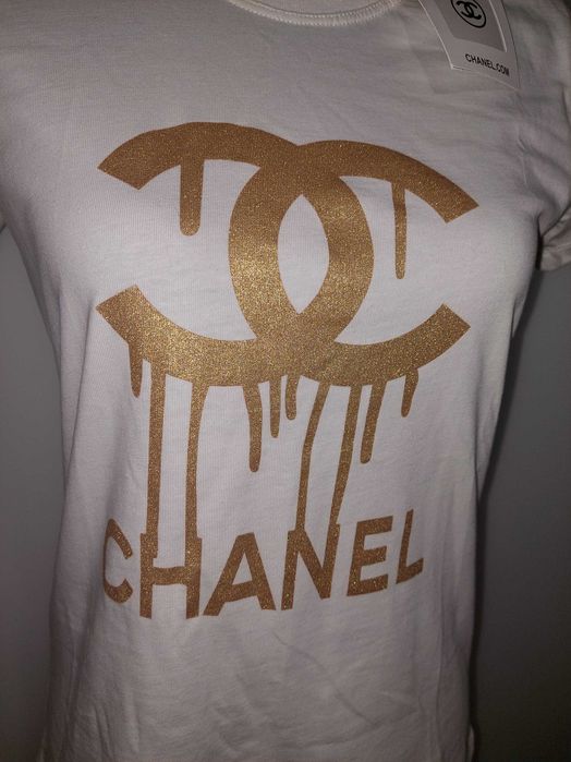 Tricou alb Chanel marime L, cu imprimeu auriu, nou cu eticheta