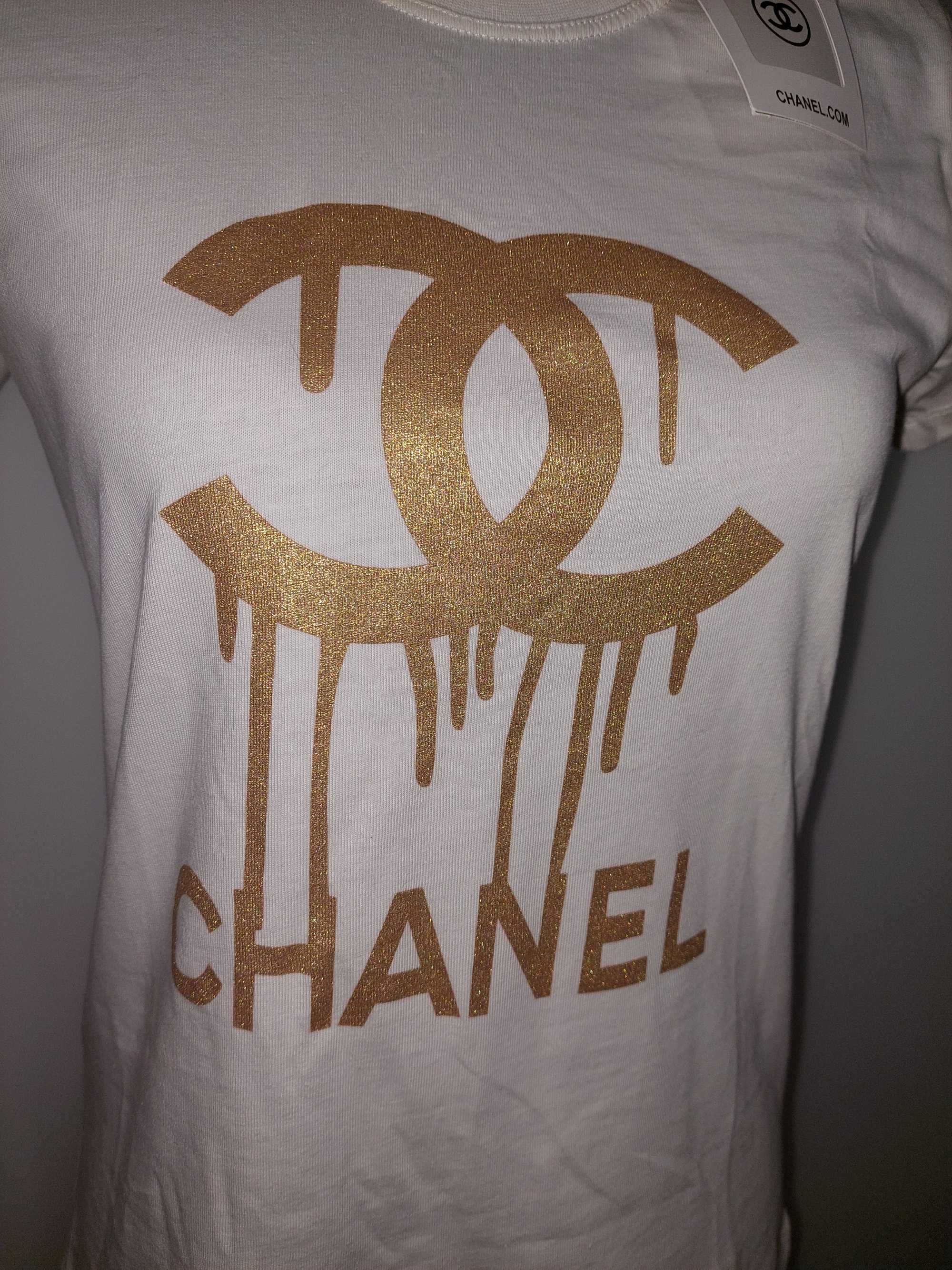Tricou alb Chanel marime L, cu imprimeu auriu, nou cu eticheta