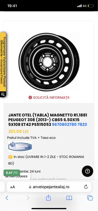 Set jante otel tabla 5x108 15 Peugeot 308 2014