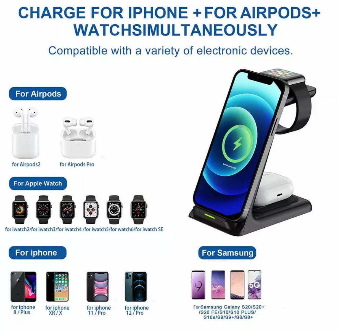 Incarcator Wireless 3 in 1 Fast Charger Apple Watch 7/6/5 iPhone 13 12