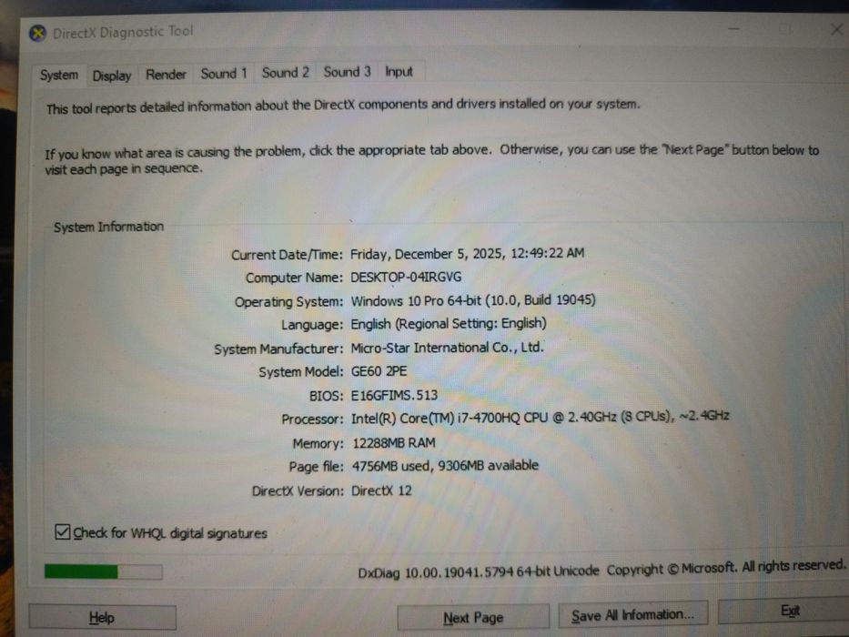 Laptop MSI 12Gb RAM / 2 GB video