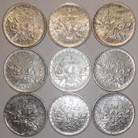 Lot 9 monede franci argint Franța 5 francs 1960-1964, 12g fiecare