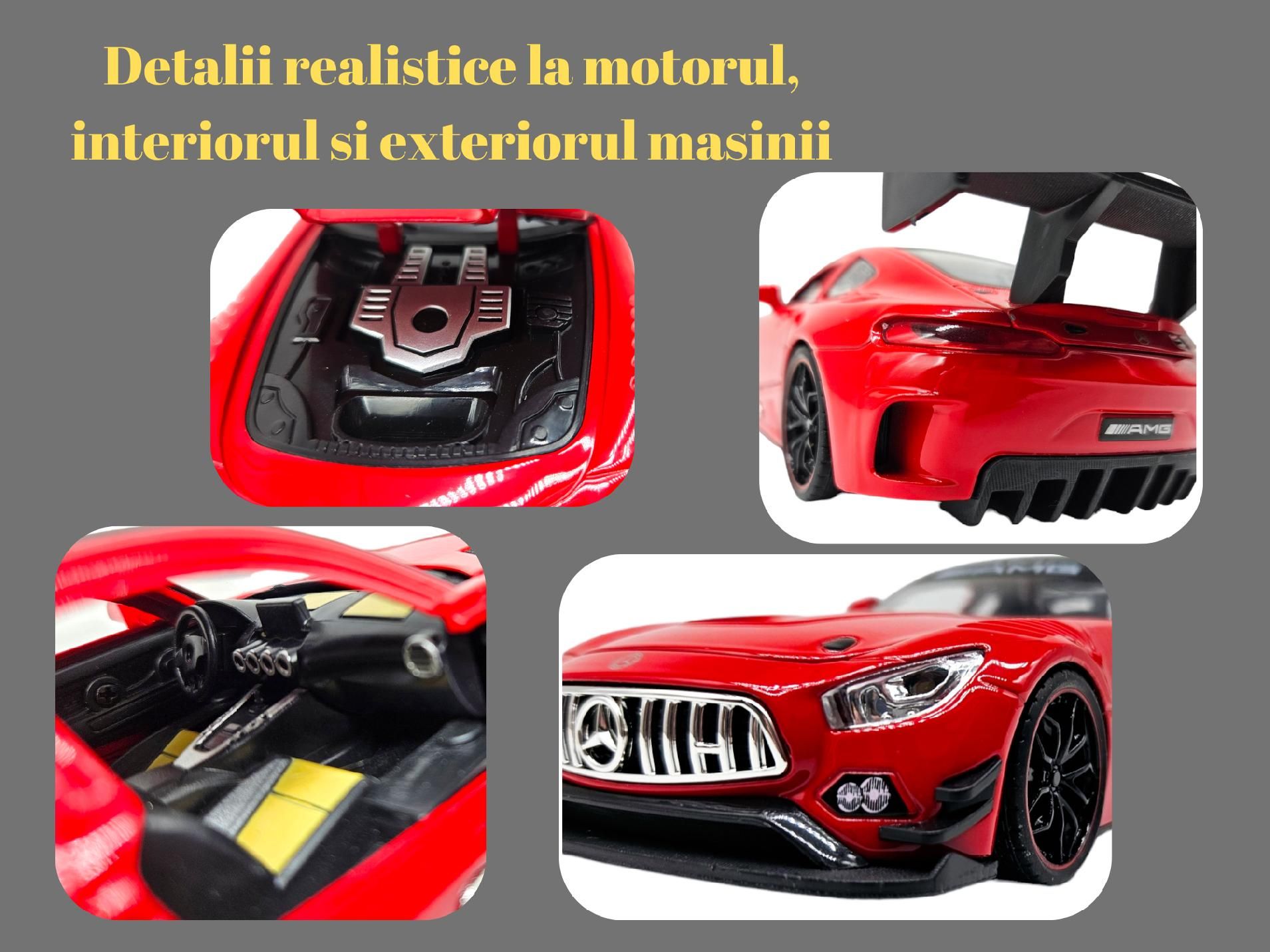 Masina metalica Mercedes AMG GTR,sunete si lumini,usi mobile,20cm,Rosu