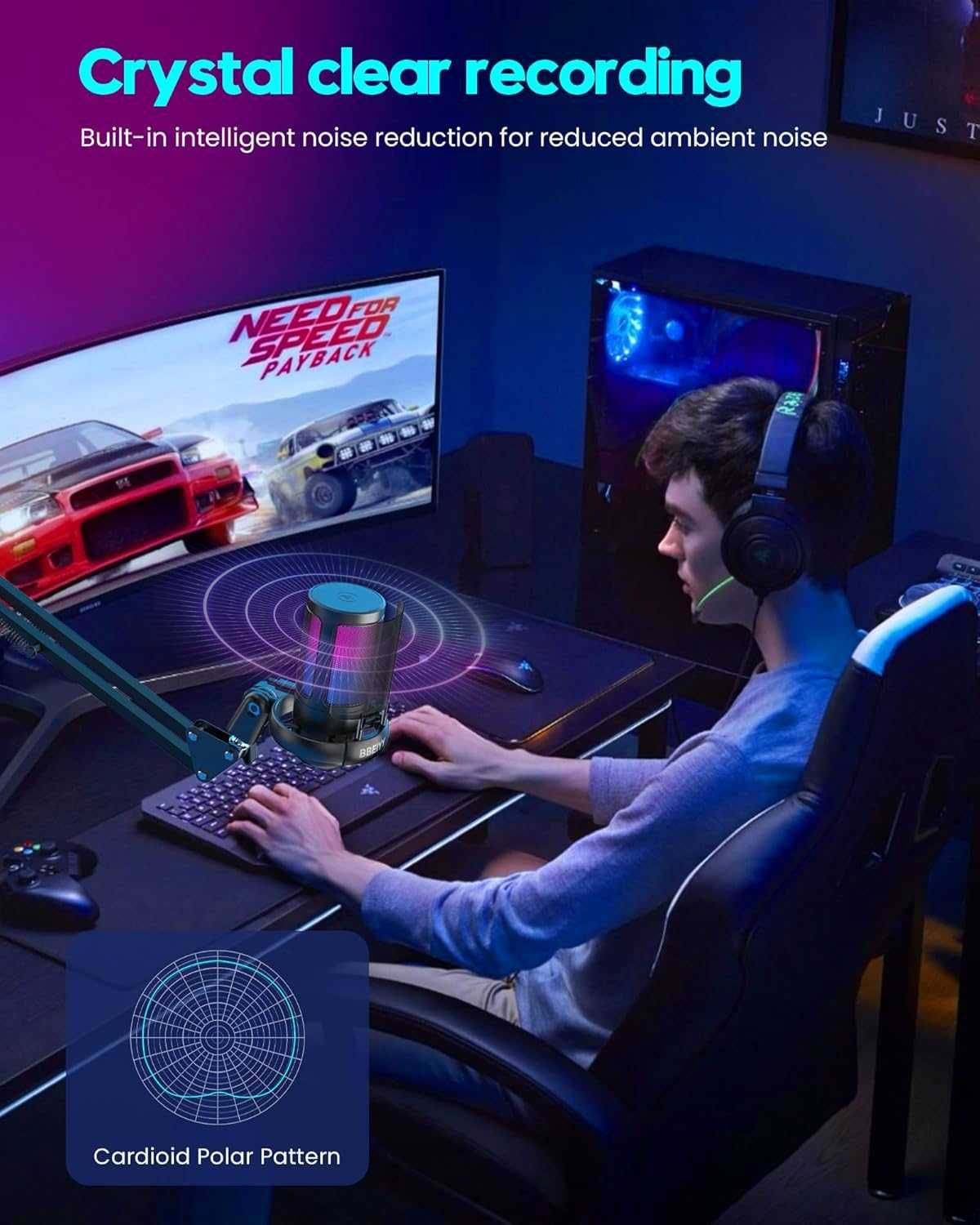 Пълен комплект RGB геймърски микрофон със стойка за PC/PS4/PS5
