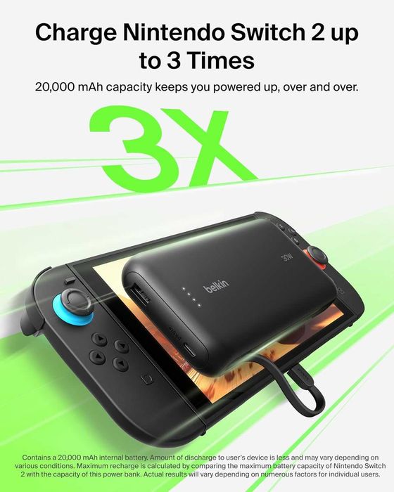 Belkin външна батерия за Nintendo Switch 2, 30W USB-C кабел 20000 mAh