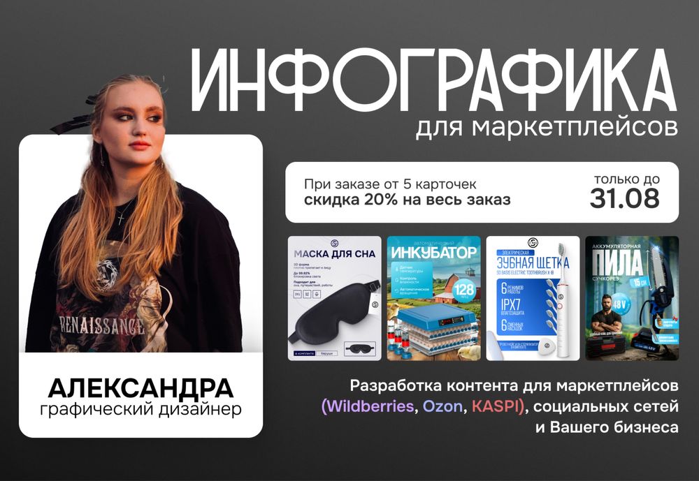 Инфографика WB, Ozon, KASPI, дизайн презентаций, оформление соц.сетей