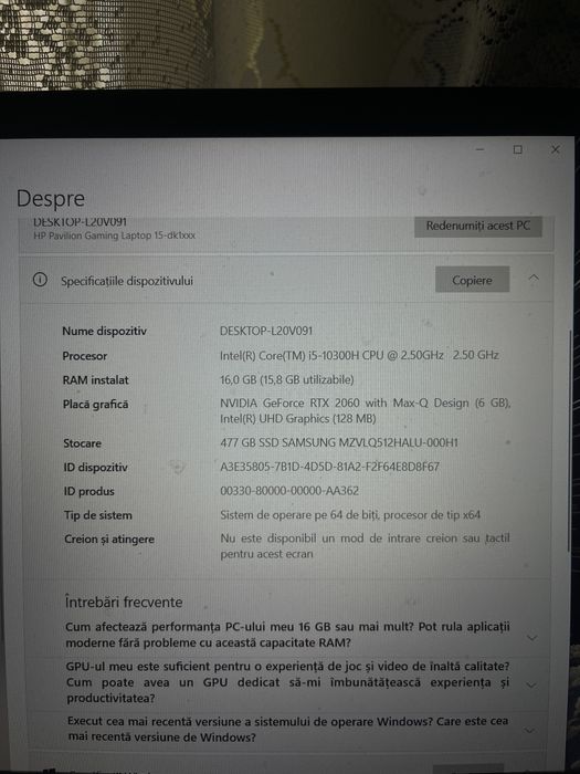 HP Pavilion Gaming 15 — i5-10300H, RTX 2060 Max-Q 6GB, 16GB RAM