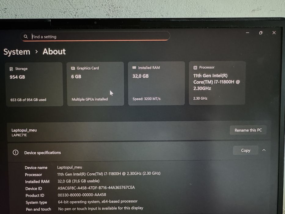 Laptop Intel Nuc I7-11800H RTX 3060 32GB RAM 1TB SSD