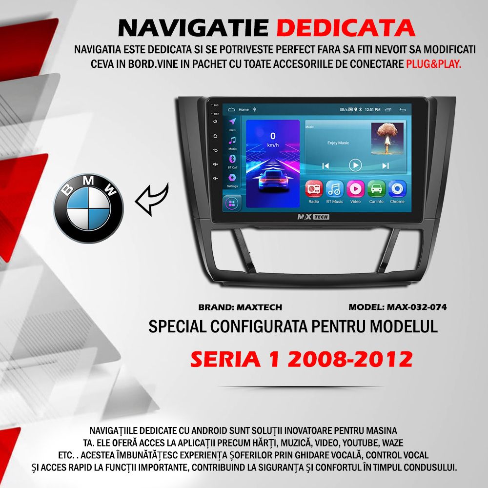Navigatie BMW Seria 1 2008-2012 Dedicata, Android 13, GPS, BT, WiFi