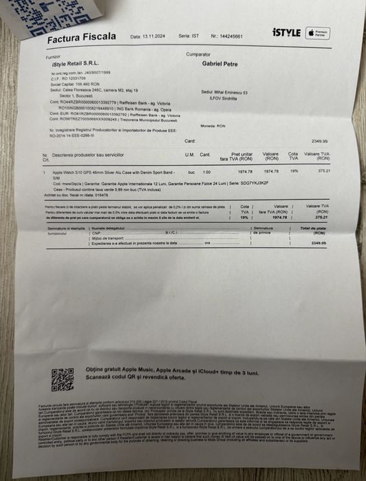 Apple Watch Series 10 Silver Aluminiu 46 mm impecabil cu factura