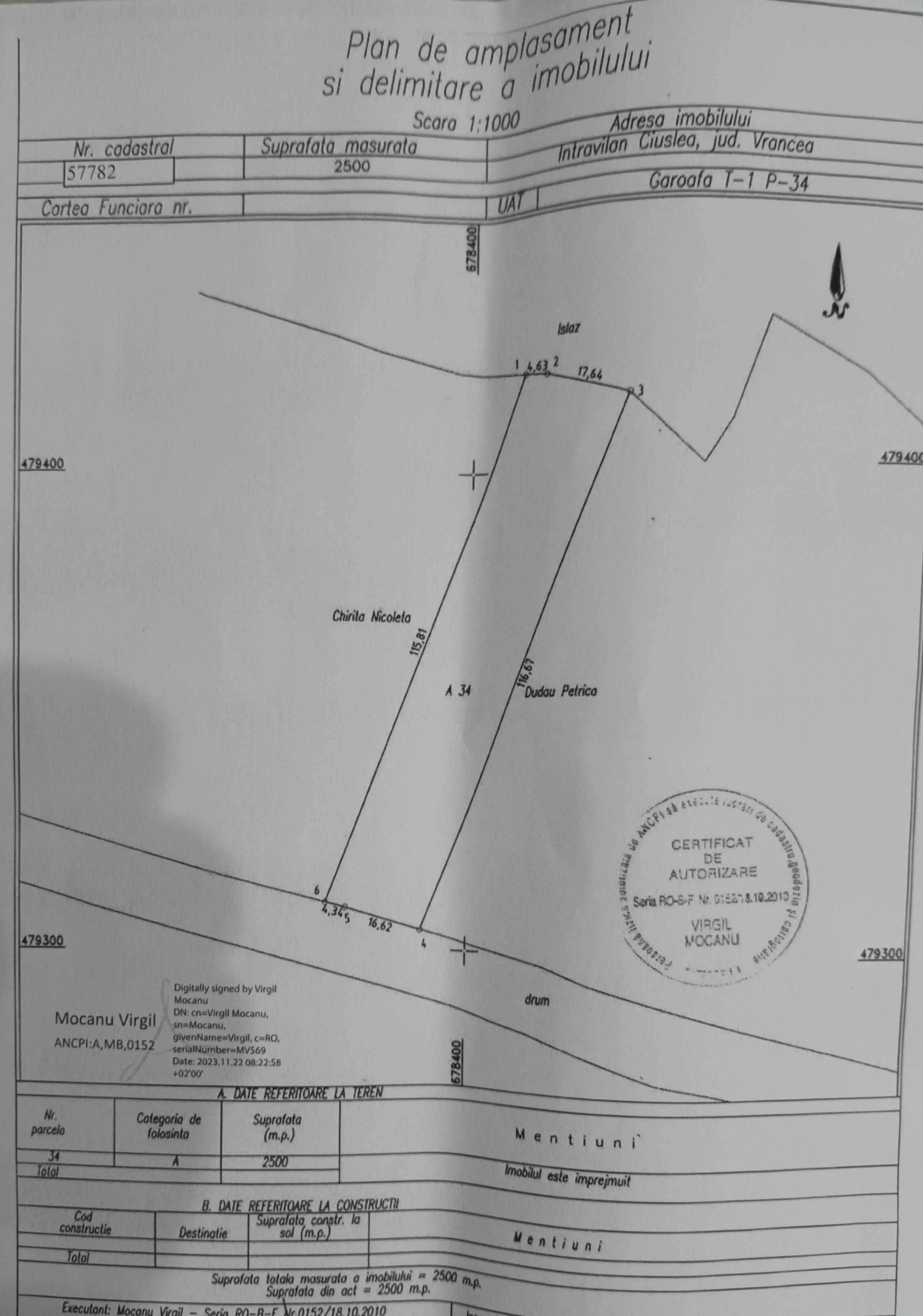 Teren intravilan 2500 mp, sat Ciuslea -  Comuna Garoafa, Jud Vrancea