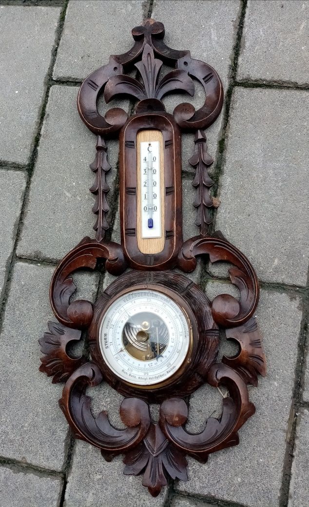Antic ansamblu barometru, termometru din lemn masiv lucrat integral ma