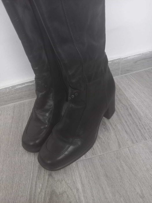 Cizme piele naturala cu bot patrat si toc gros