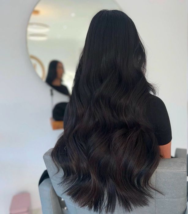 Естествена коса 100% , черна екстеншъни, удължения с щипки 200гр 55см