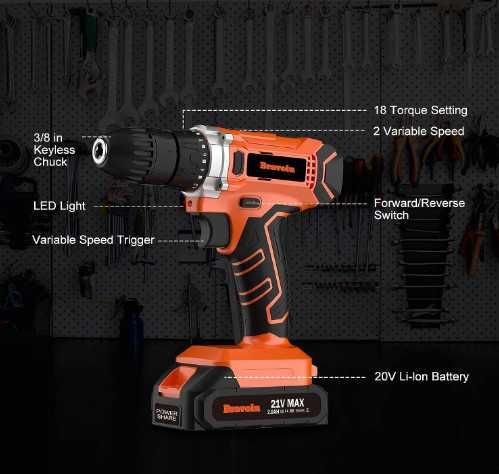 Акумулаторен винтоверт Bravolu 21V с една батерия 2000 mAh