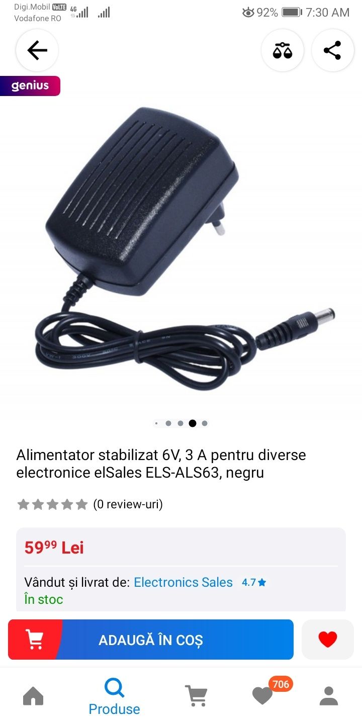 Vând alimentator stabilizat 220V - 6V/3A(3000 mA). Mufă 5.5 x 2.1 x 10