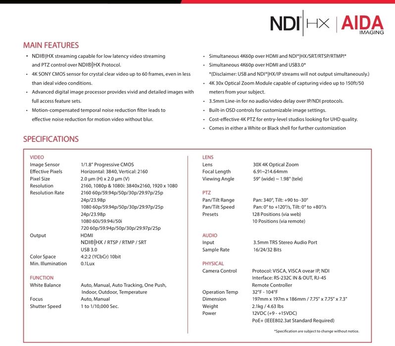 Aida 4k PTZ 60fps 30x NDI ( Se probează, merge perfect)