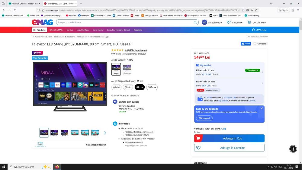 Televizor LED Star-Light 81 cm Smart Netflix  Youtube + suport perete