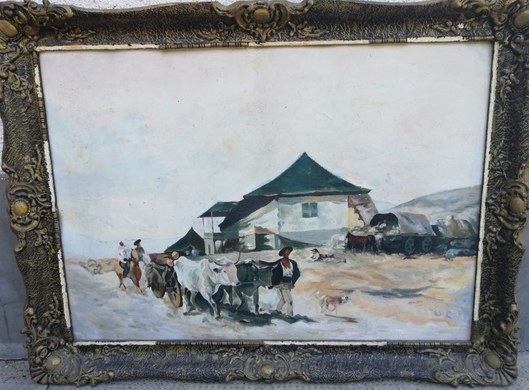 Tablou in ulei "Jucătorii de arsite" si "Carul cu boi" 86x60 cm aprox