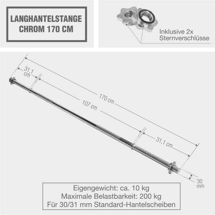 Bară crom 170 cm cu piulițe de fixare 30/31 mm