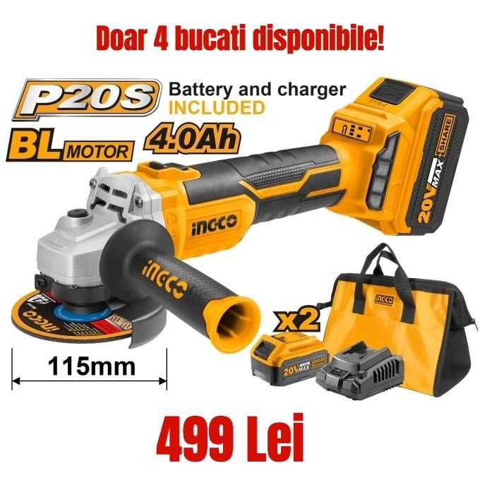 Flex INGCO cu 2 acumulatori de 20V, 4Ah, 115mm, turatie variabila, nou